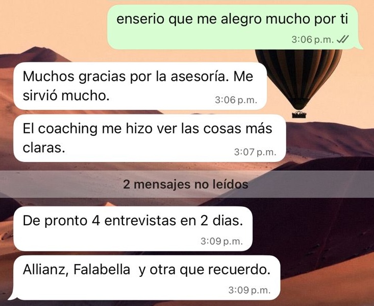 Testimonio de WhatsApp - Cliente satisfecho con el servicio de coaching